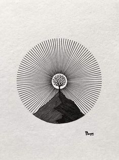 a black and white drawing of a tree on top of a mountain