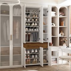 a white closet filled with lots of shoes next to a desk and chair on top of a hard wood floor