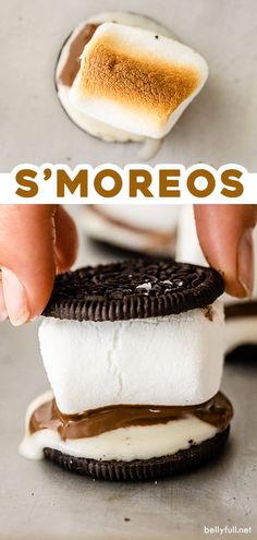 an ice cream sandwich is being made with s'mores and oreo cookies