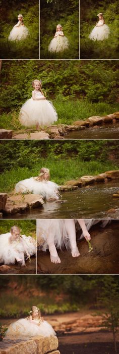 several pictures of people in white dresses laying on the ground next to water and trees