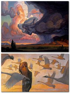 two paintings of birds flying in the sky with clouds above them and one painting of a woman