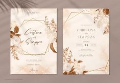 two wedding cards with flowers and leaves on the front, one is white and gold