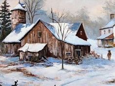 a painting of a farm in the snow