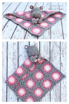 crocheted baby blanket with teddy bear on top and pink flowered afghan in the middle