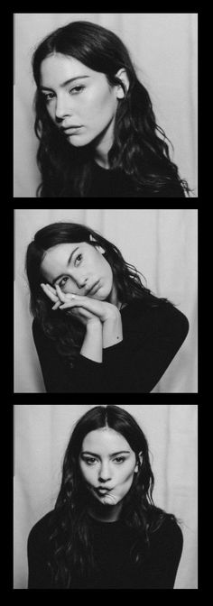 black and white photos of a woman with long hair, in three different positions to show the same person's face