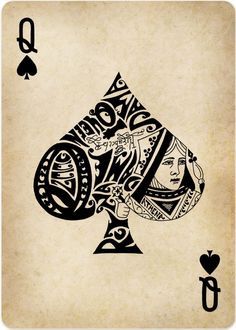 a playing card with the queen of spades in black on an old paper background