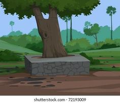 a cartoon park scene with a bench under a large tree and lots of green trees in the background