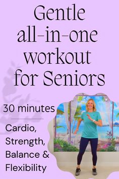 30 minute low impact gentle workout for seniors which includes cardio, strength, balance & stretching. Balance Exercises Stability For Seniors, Silver Sneakers Workout Senior Fitness Chair Exercises, Home Exercise, Zumba For Beginners, Gentle Workout, 30 Minute Workout, Daily Exercise Routines, Balance Exercises