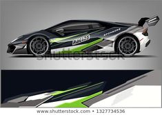 an abstract sports car with green and black stripes on the side, front and back view