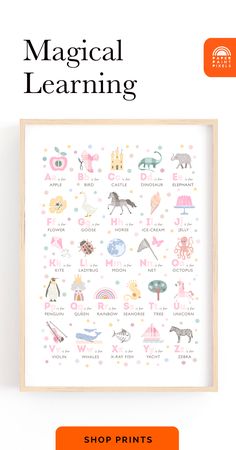 A framed poster of an alphabet print. In a wooden frame on a white wall Alphabet Decor, Study Space, Alphabet Print, Modern Nursery, Custom Decor, Nature Themed, Colorful Wall Art