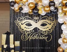 a masquerade party with balloons and presents