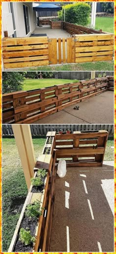 some wooden benches sitting next to each other in front of a fence and grass area