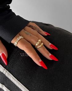 Red Design Nails Short, Red Nail Simple Design, Fun Red Nail Designs, Red Nails With French Tip, Red Nail Trend, Bright Red Nails With Design, Classic Red Nails, Almond Nails Designs Summer, I Love Myself