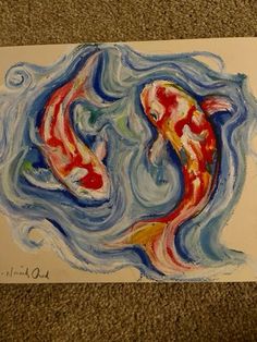 a drawing of two koi fish swimming in the water with swirly blue and red colors