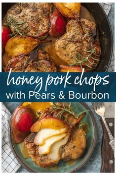 honey pork chops with pears and bourbon in a cast iron skillet on a table