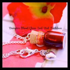 ❤️Welcome to Tranquilityy a magical embrace into your world I have for you an inviting vial of vampire blood on a silver plated chain you will love to wear around your neck.  Your necklace is made form a mini .5ml glass vial bottle with realistic theatrical blood, I love this I even have one for my self.Your necklace will come in a drawstring bag, take care and God bless.  ❤️I miss the shine Of your ruby red eyes The leathery feel of your face Your breath on my neck And the points of your teeth As you come unto me for a taste. Dimensions for this 0.5ml glass bottle o.5 ml bottle dimensions are 0.7"(length) x0.45" diameter / 18mm tall and 11mm wide. Blood Vial Necklace, 90s Jewellery, Bead Confetti, Blood Necklace, Necklace Vampire, Kandi Necklace, Vampire Jewelry, 90s Jewelry, Vampire Blood