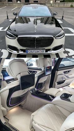 the front and back seats of a luxury car in two different photos, one with chrome trim