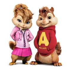 the chipmuns are dressed up in pink and red outfits, standing next to each other