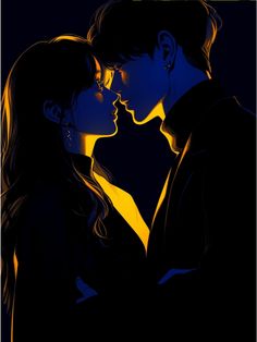 two people are kissing in the dark with their faces illuminated by yellow and blue light