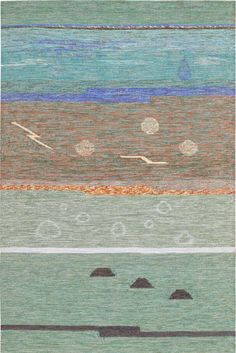 an abstract painting with different colors and shapes on the ground, including two birds flying over water