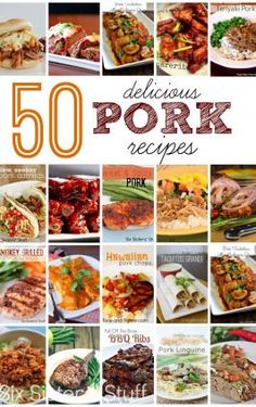 the cover of 50 delicious pork recipes, with pictures of different meats and vegetables