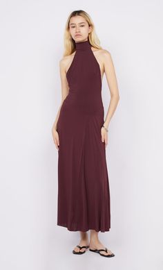 The BEC + BRIDGE Cassian Racer Dress in Deep Plum embodies elegance in a modern silhouette. Featuring a glamourous high halter neckline that falls into a dramatic open back with racer style cut-out details. Bring yours along to your next European adventure, or simply wear to dinner with friends. BEC + BRIDGE Cassian Racer Dress High halter neck maxi dress Designed to hold the bodice, before falling into draped skirt Dress is fully lined and secured by hook and eye detail at the neckband Fabric o Eye Detail, Maxi Dress Designs, Halter Neck Maxi Dress, Bec Bridge, Deep Plum, Draped Skirt, Dinner With Friends, Silhouette Free, New Pant