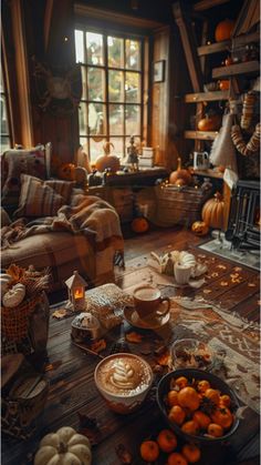 a living room filled with furniture and lots of pumpkins