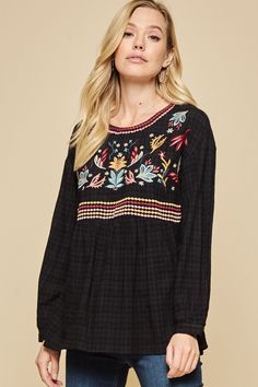 We love the vibe of this gorgeous embroidered top. It features a round , colorful embroidery, long sleeves, a textured fabric, keyhole & button closure on back and a relaxed a-line fit with flowy bodice. Small Bust 38" L 27" : Medium Bust 40" L 27" : Large Bust 42" L 27" 1X Bust 52" L 31" : 2X B 54" L 31" : 3X Bust 56" L 31" 50% Woven Rayon 50% Cotton - no stretch Hand wash cold Colorful Embroidery, The Vibe, Babydoll Top, Kimono Jacket, Textured Fabric, Embroidery Details, Large Bust, Embroidered Top, Striped Dress