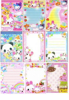 the cute little pandas are lined up in pink and blue paper with different designs on them