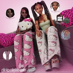 two women sitting on a couch with hello kitty pajamas