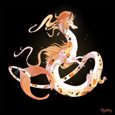 an orange and white dragon sitting on top of a black background with bubbles in it's tail