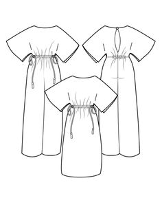 three women's dresses with short sleeves and drawstrings on the waist