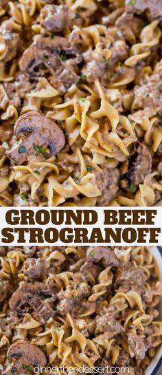 ground beef stroganonoff in a white casserole dish with text overlay