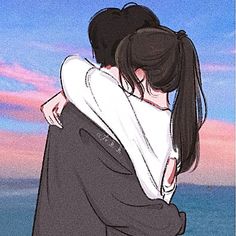 a drawing of a couple hugging each other on the beach at sunset or sunrise with water in the background