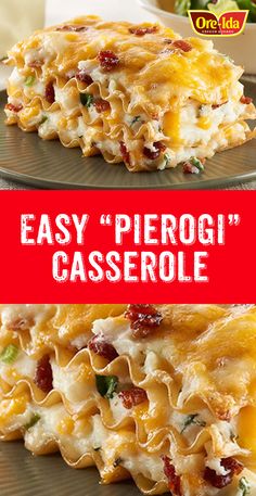 two plates with lasagna casserole on them and the words easy pieri casserole