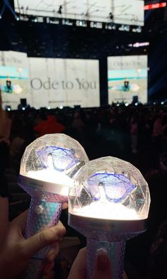 two people are holding up some kind of object in their hands at a convention or show