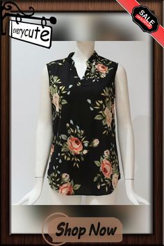 Vintage V Neck Floral Print Blouse Shirt Sleeveless Chiffon Blouse Elegant Sleeveless Chiffon Blouse, Spring Sleeveless Chiffon Blouse, Casual Sleeveless Workwear Blouse, Elegant Sleeveless Chiffon Top, Chic Sleeveless Chiffon Blouse, Black Sleeveless Blouse With Floral Print, Elegant Floral Print Sleeveless Blouse, Spring Chiffon Sleeveless Blouse, Elegant Sleeveless Blouse With Floral Print