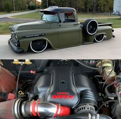 an old green truck parked in front of a building and another photo of the engine