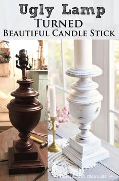 an old lamp turned into a beautiful candle stick with the words, ugly lamp turned to beautiful candle stick