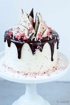 a cake with white frosting and chocolate drizzled on top, topped with candy canes