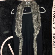 Sleeveless Cardigan With Faux Fur And Also Has Red/White Detailing At Bottom. Never Worn. Size Medium. Black Vest Outerwear For Night Out, Black Winter Vest For Night Out, Sleeveless Vest Outerwear For Night Out, Fitted Sleeveless Vest With Faux Fur Lining, Sleeveless Vest For Night Out In Winter, Heart Sweater, Sleeveless Cardigan, Sweaters & Cardigans, Faux Fur