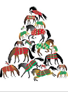 a christmas tree made up of horses wearing sweaters on it's head and neck