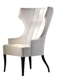 an upholstered white chair with black legs and arm rests against a white background