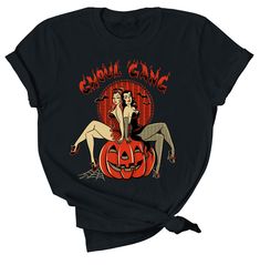 Ghoul Gang witchy black halloween pinup tee shirt Black Horror T-shirt With Funny Print, Halloween Band Merch T-shirt With Funny Print, Spooky Black T-shirt For Costume Party, Black T-shirt With Letter Print For Costume Party, Black Graphic Print T-shirt For Costume Party, Creepy Cute Fashion, Halloween Tee Shirts, Halloween Tees, Creepy Cute