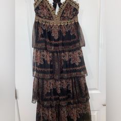 Free People Magic Lamp Gown With Paisley Print And Gold Detailing Zip Up Beautiful Ruffles. Rare Collectible Boutique Piece Black Silk Dress For Vacation, Elegant Black Paisley Print Dress, Magic Lamp, Free People Dresses, Free People Dress, Paisley Print, Ruffles, Colorful Dresses, Paisley