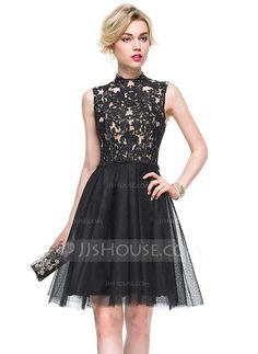 [€ 139.91] A-Linie/Princess-Linie High Neck Knielang Tüll Lace Cocktailkleid Knee-length Prom Dress With Illusion Neckline, Aline Cocktail Dress, Dress High Neck, Chic Chic, Banquet Dresses, Lace Cocktail Dress, Semi Formal Dresses, Estilo Chic, Cocktail Dress Lace