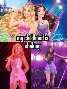 two pictures with the same caption, one has an image of barbie dolls and the other says my childhood is shaking