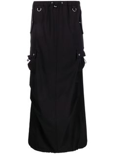 black low-rise drawstring waist D-ring findings rear slit side cargo pocket two press-stud fastening side pockets rear flap pocket floor-length Skirt Ideas, Black Fr, Style Finder, Womens Maxi Skirts, Floor Length Skirt, Cargo Skirt, Satin Maxi, Cargo Pocket, Green Skirt