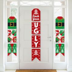 a door decorated for christmas with holiday decorations on the front and side panels that say rock your ugly