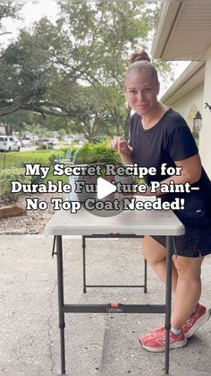 a woman sitting at a table with a surfboard in front of her and the words my secret recipe for double fun paint - no top coat needed